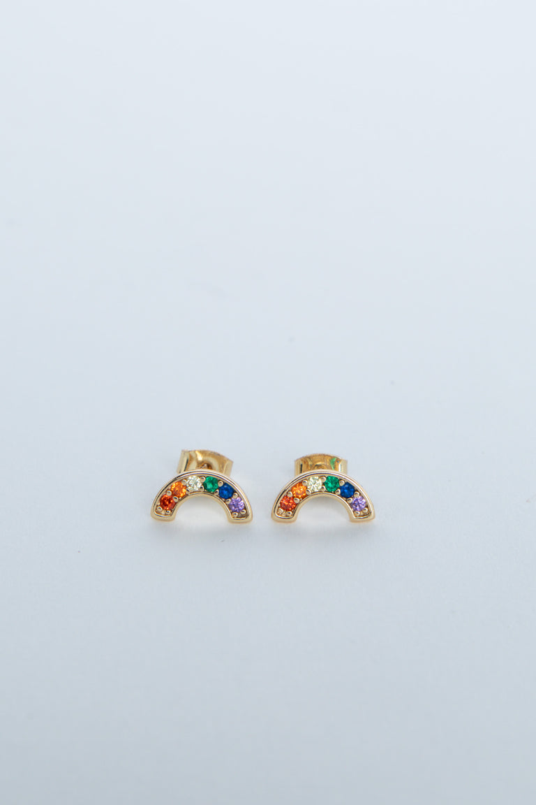 Small gold stud earrings shaped like rainbows with colorful gemstones in a delicate design for girls.