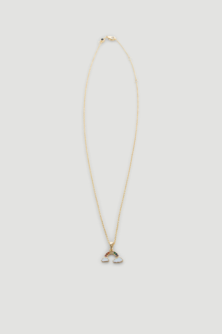 Delicate 9ct gold necklace featuring a small rainbow pendant with colorful enamel and cloud details