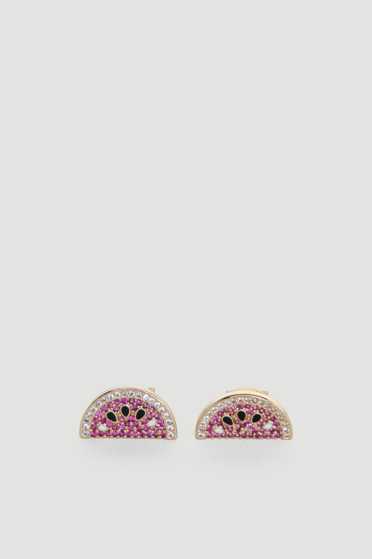 Gold stud earrings shaped like watermelon slices adorned with pink and black stones and clear crystals.