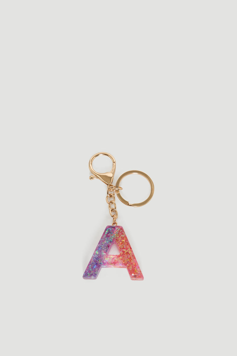 Glitter resin A bag charm with gold metal hardware