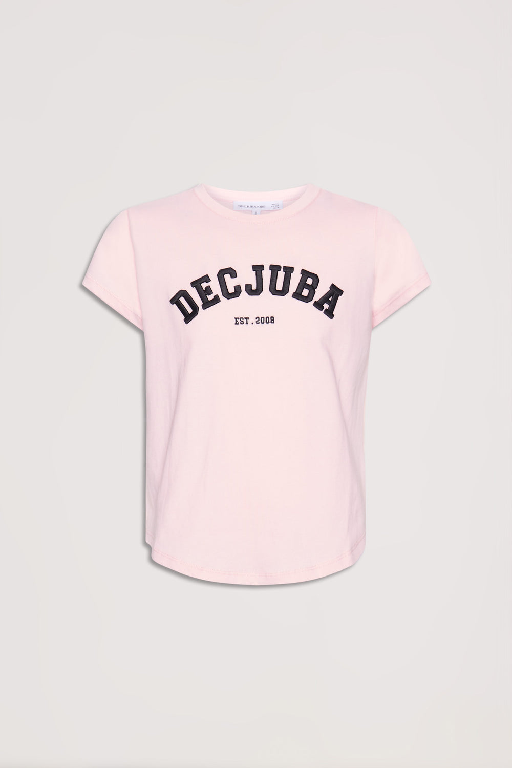 Soft pink girls' tee with bold black text logo across the chest, featuring a classic casual fit.