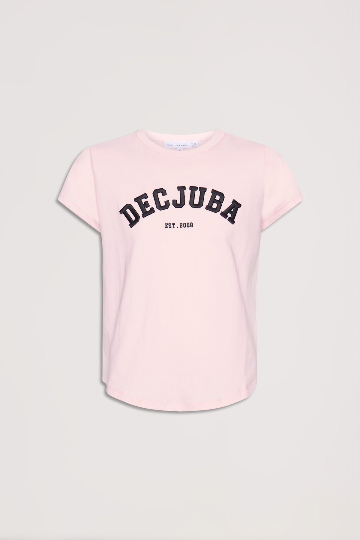 Soft pink girls' tee with bold black text logo across the chest, featuring a classic casual fit.