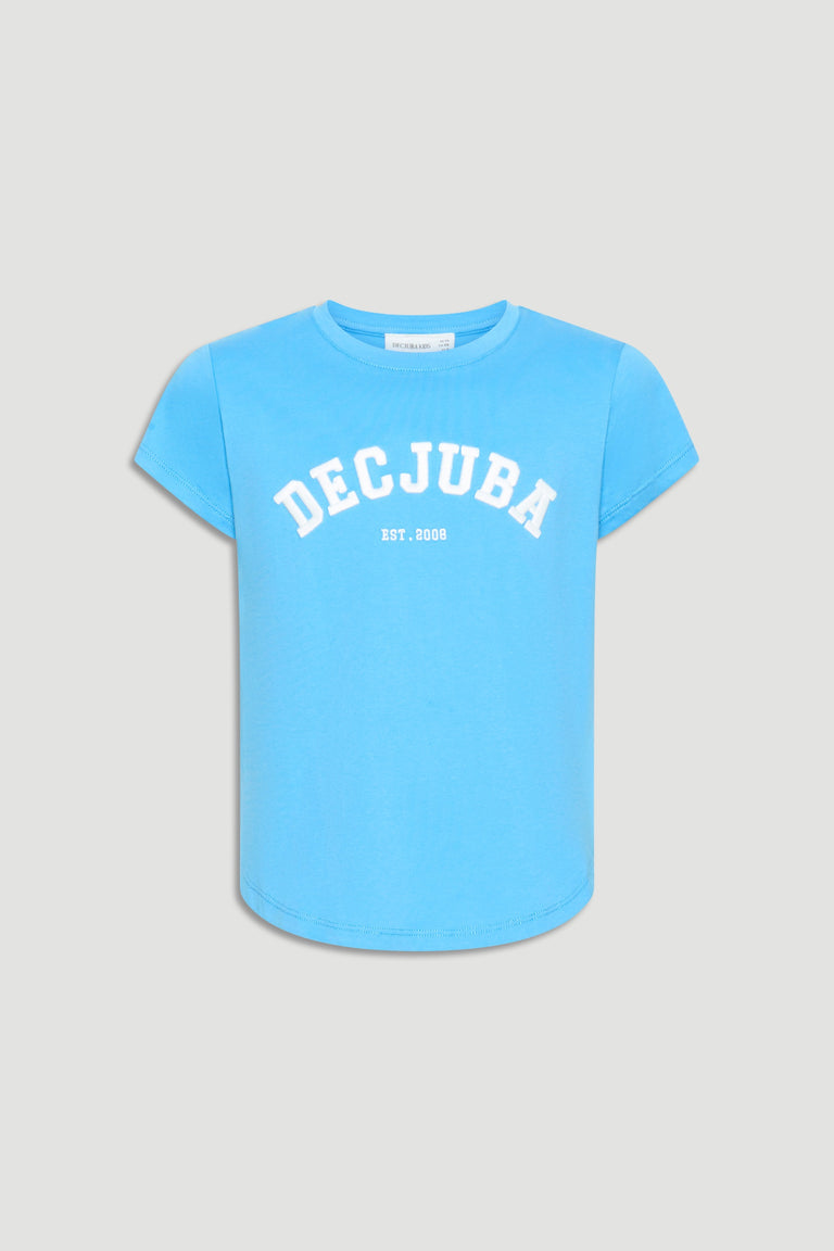Bright blue girls' tee with short sleeves and bold white Decjuba logo on front for casual, everyday style.