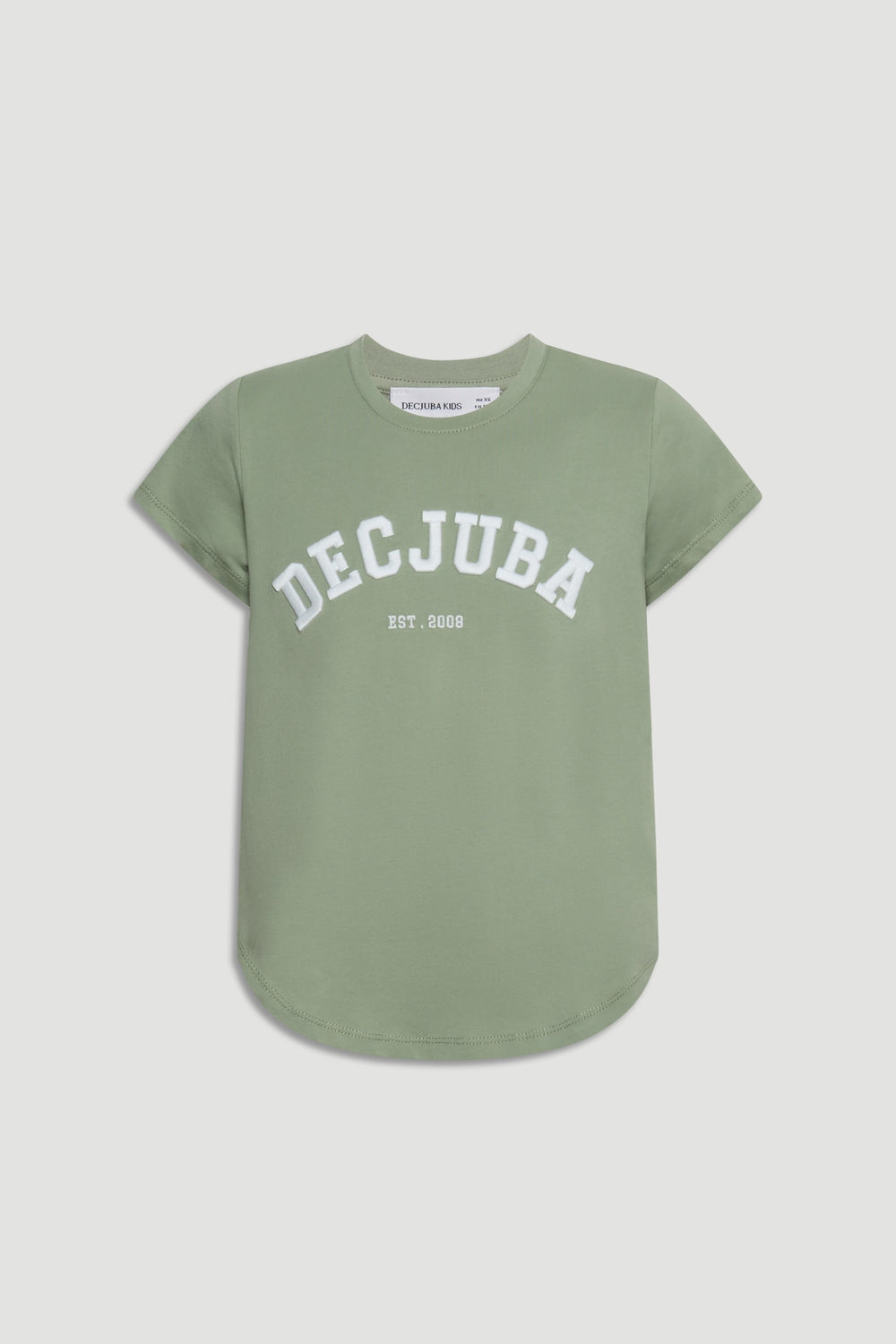 Girls soft olive green tee with curved hem and bold white brand lettering across the chest.