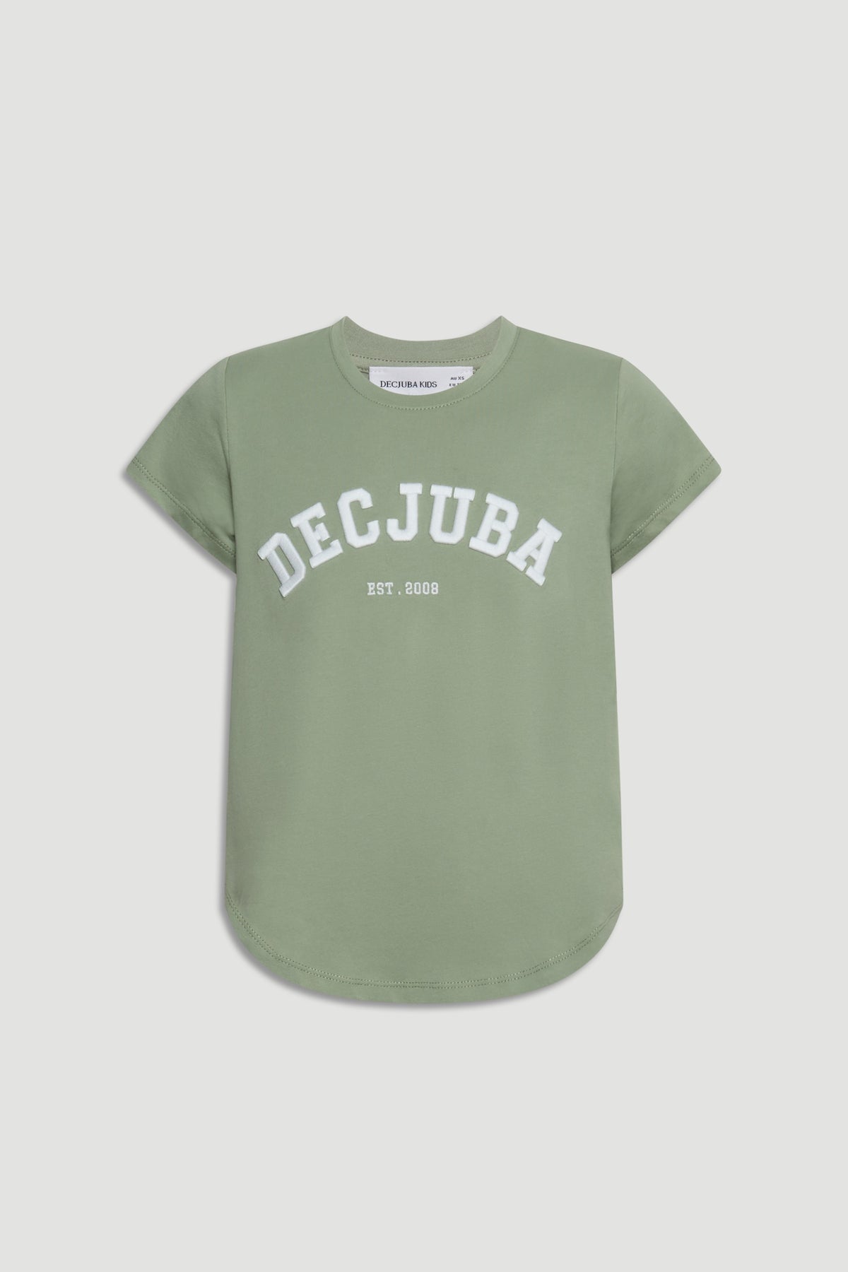 Girls soft olive green tee with curved hem and bold white brand lettering across the chest.