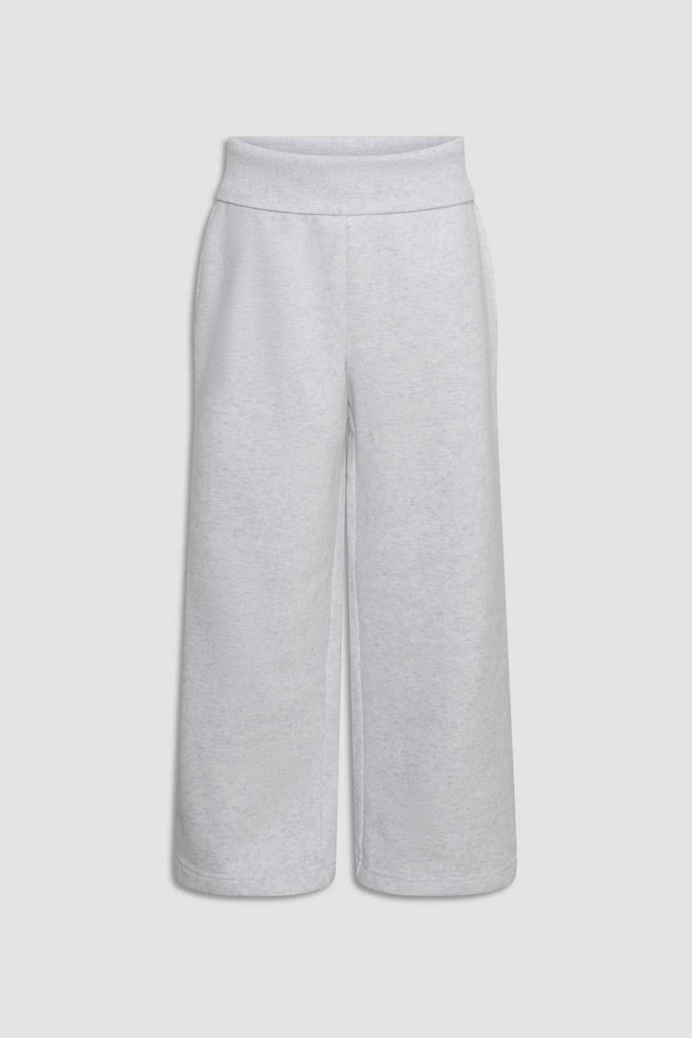 Light grey wide-leg track pants for girls with a rolled waist design offering casual comfort and easy style.