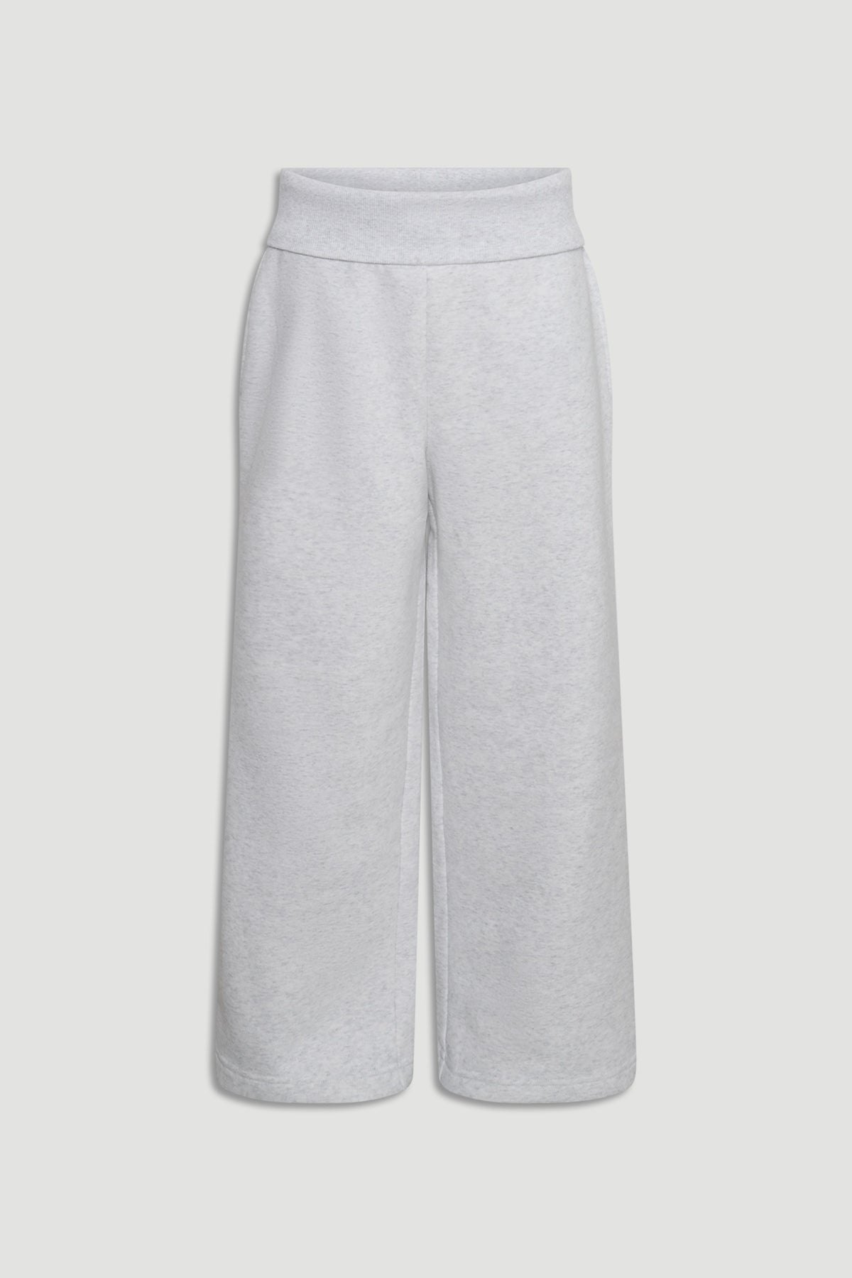 Light grey wide-leg track pants for girls with a rolled waist design offering casual comfort and easy style.