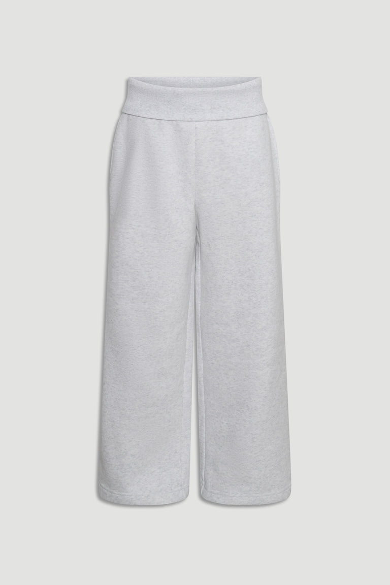 Light grey wide-leg track pants for girls with a rolled waist design offering casual comfort and easy style.