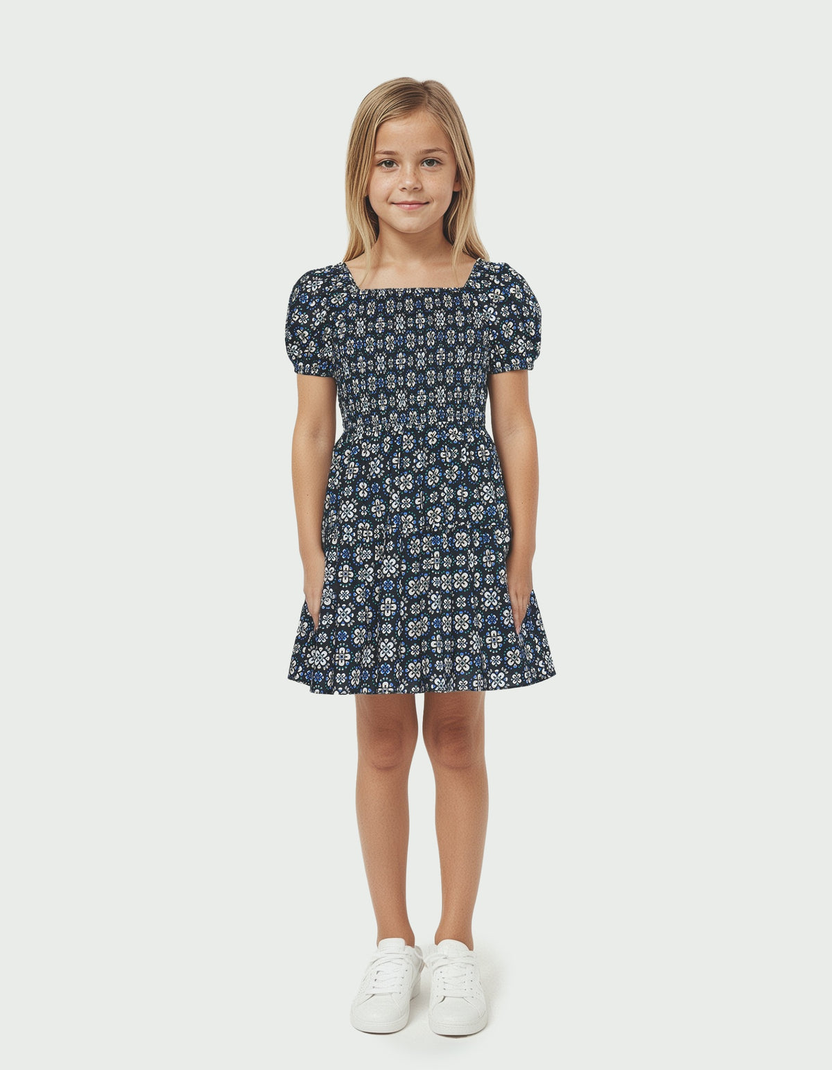 Girl wearing a Girls Maude Mini Dress with puff sleeves and square neckline in a portrait gallery shot 3