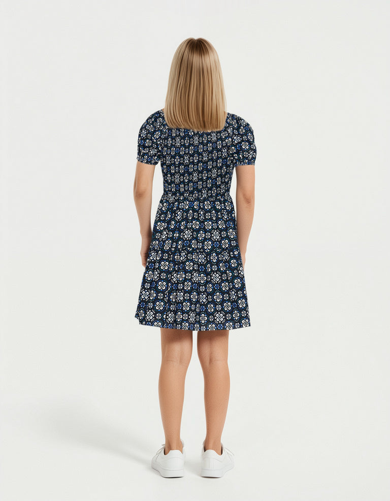 Girls Maude Mini Dress in navy floral print with balloon sleeves and elastic shirred bodice, gallery position 4 portrait view