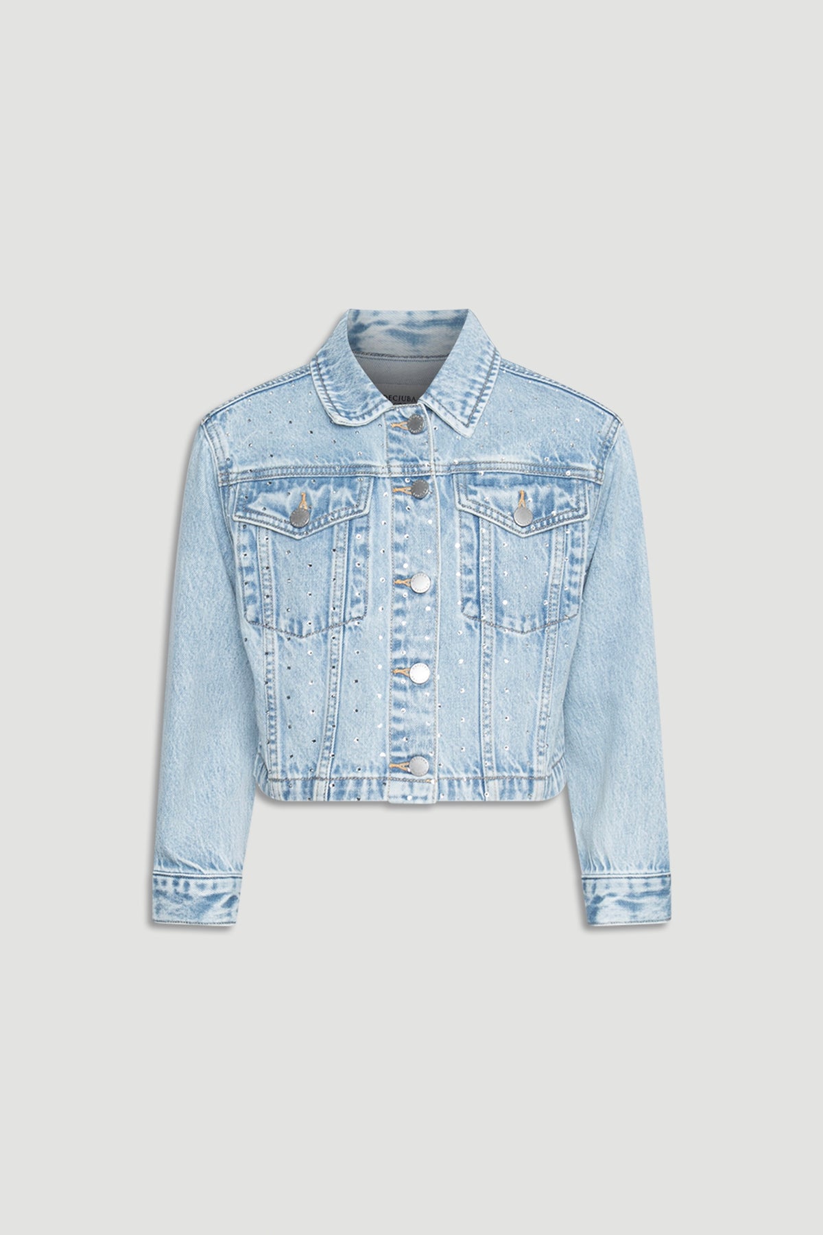 Girls Embellished Denim Jacket in light wash with subtle sequin details and classic button front for stylish layering