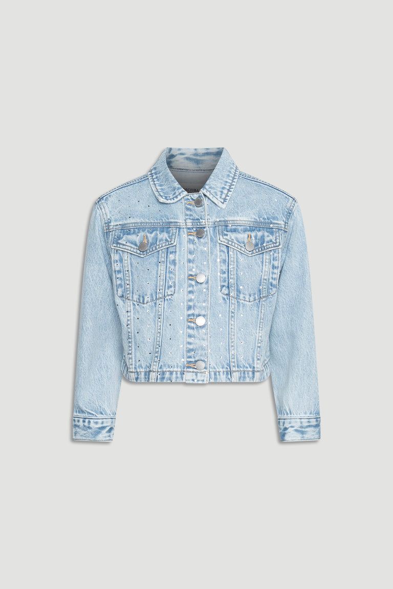 Girls Embellished Denim Jacket in light wash with subtle sequin details and classic button front for stylish layering