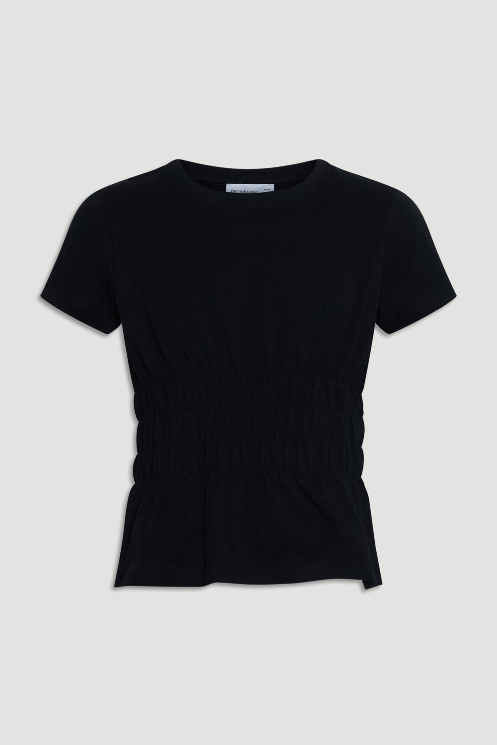 Short-sleeve black tee for girls with smocked waist detail, offering a stylish and comfortable everyday look.