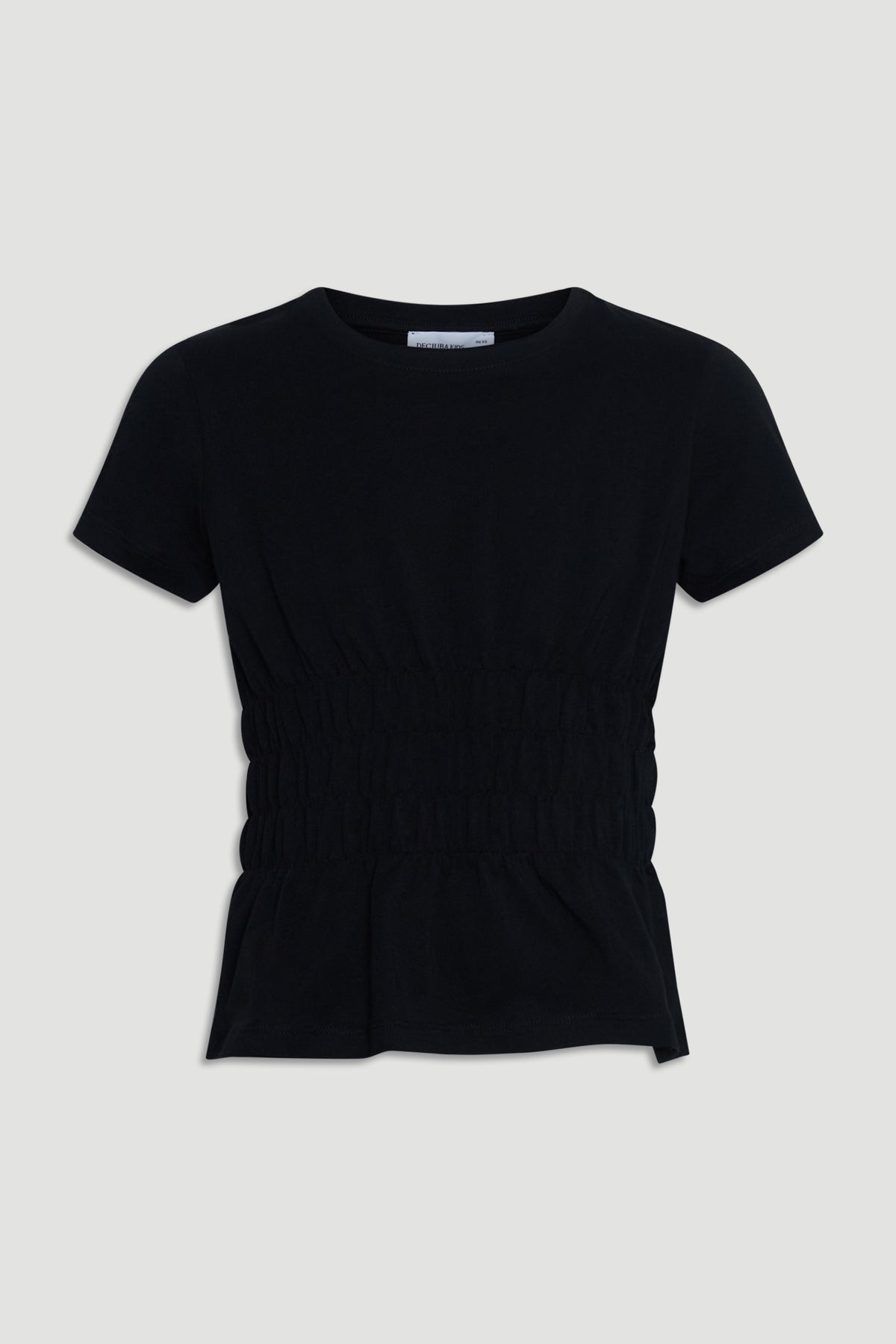 Short-sleeve black tee for girls with smocked waist detail, offering a stylish and comfortable everyday look.