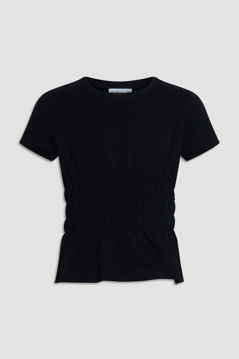 Short-sleeve black tee for girls with smocked waist detail, offering a stylish and comfortable everyday look.