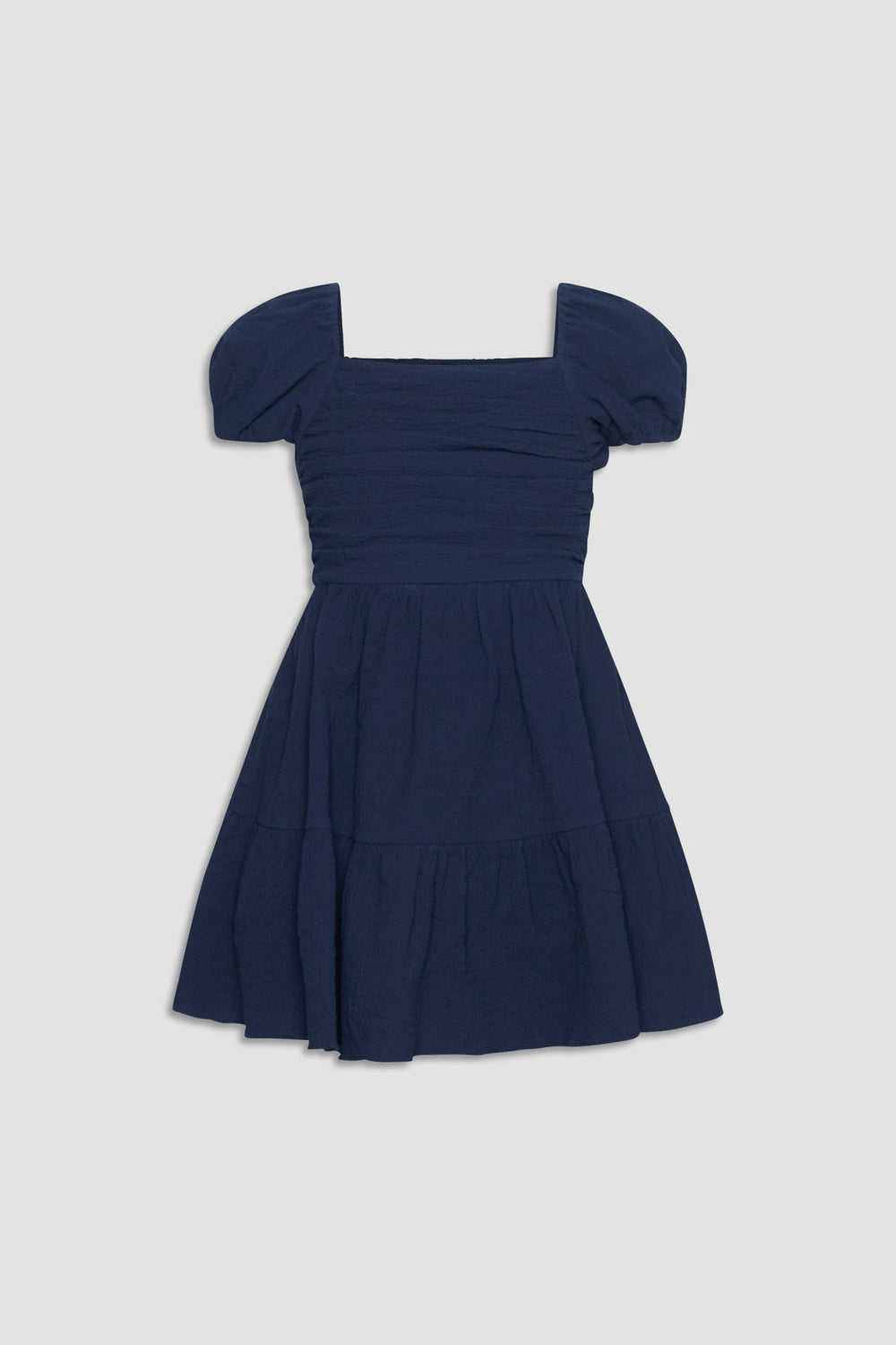 Navy blue textured mini dress with puff sleeves and a gathered skirt for a charming, playful fit.