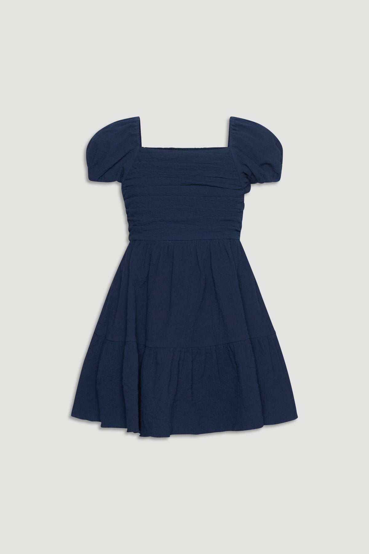 Navy blue textured mini dress with puff sleeves and a gathered skirt for a charming, playful fit.