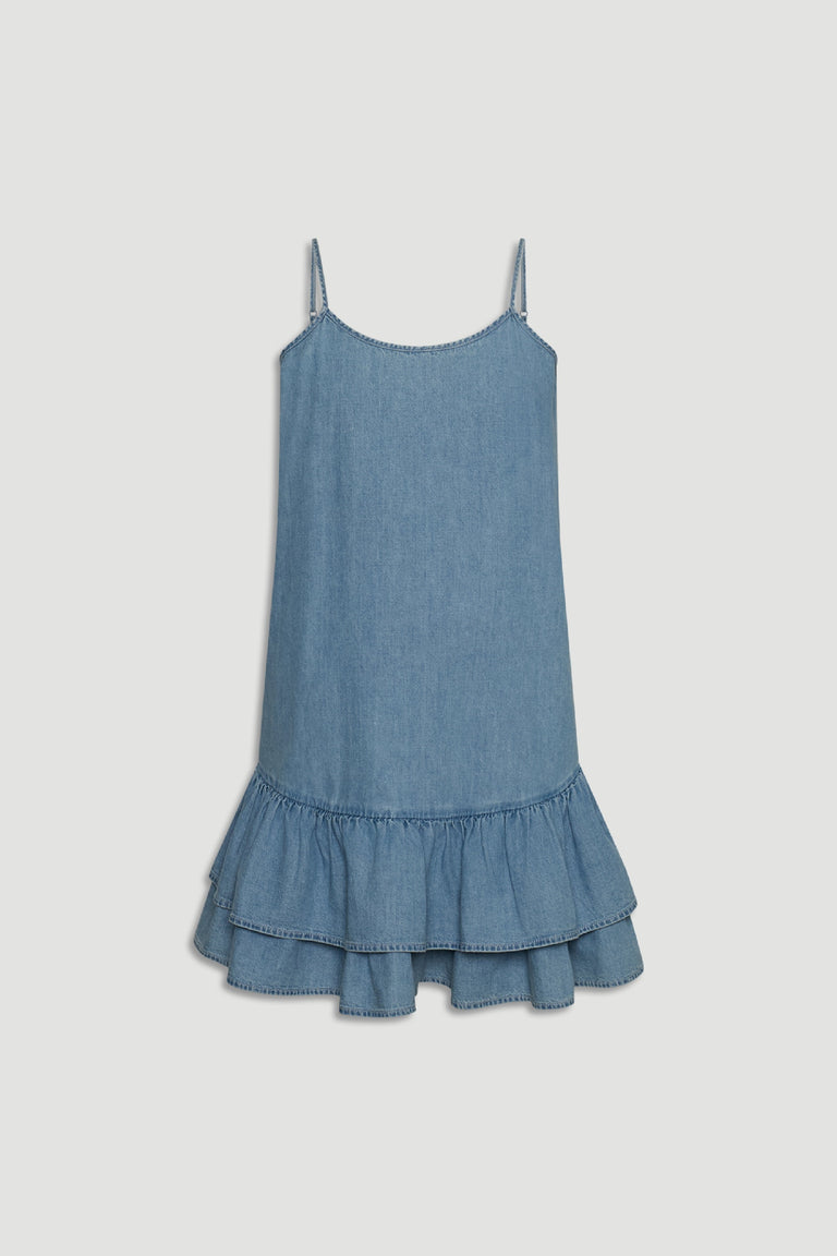 Light blue denim dress for girls with thin straps and a double-layered ruffled hem for a casual, playful look