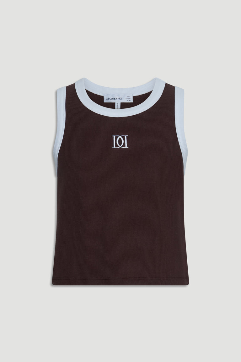 Girls sleeveless chocolate brown tank with contrast white trim and a subtle monogram detail on the front center.