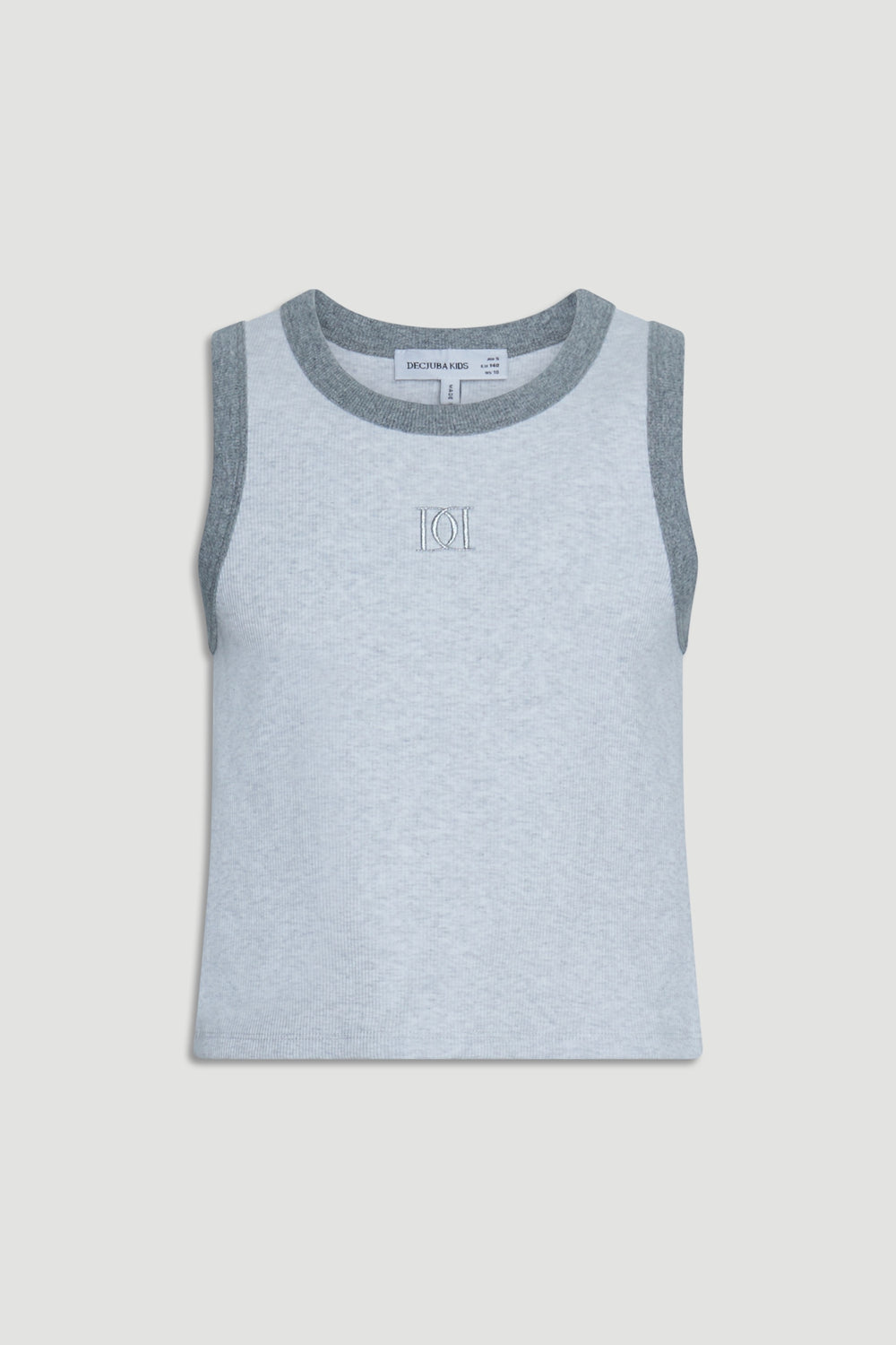 Light grey sleeveless tank top for girls with darker grey trim and subtle monogram detail on chest.