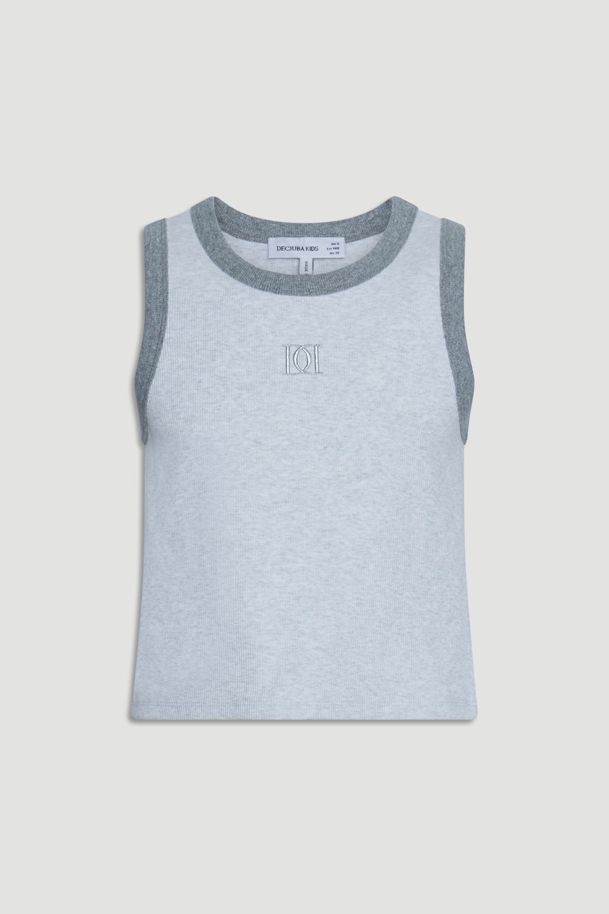 Light grey sleeveless tank top for girls with darker grey trim and subtle monogram detail on chest.