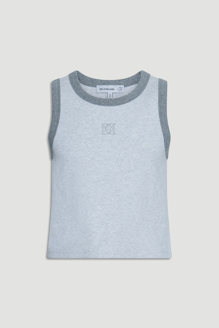 Light grey sleeveless tank top for girls with darker grey trim and subtle monogram detail on chest.