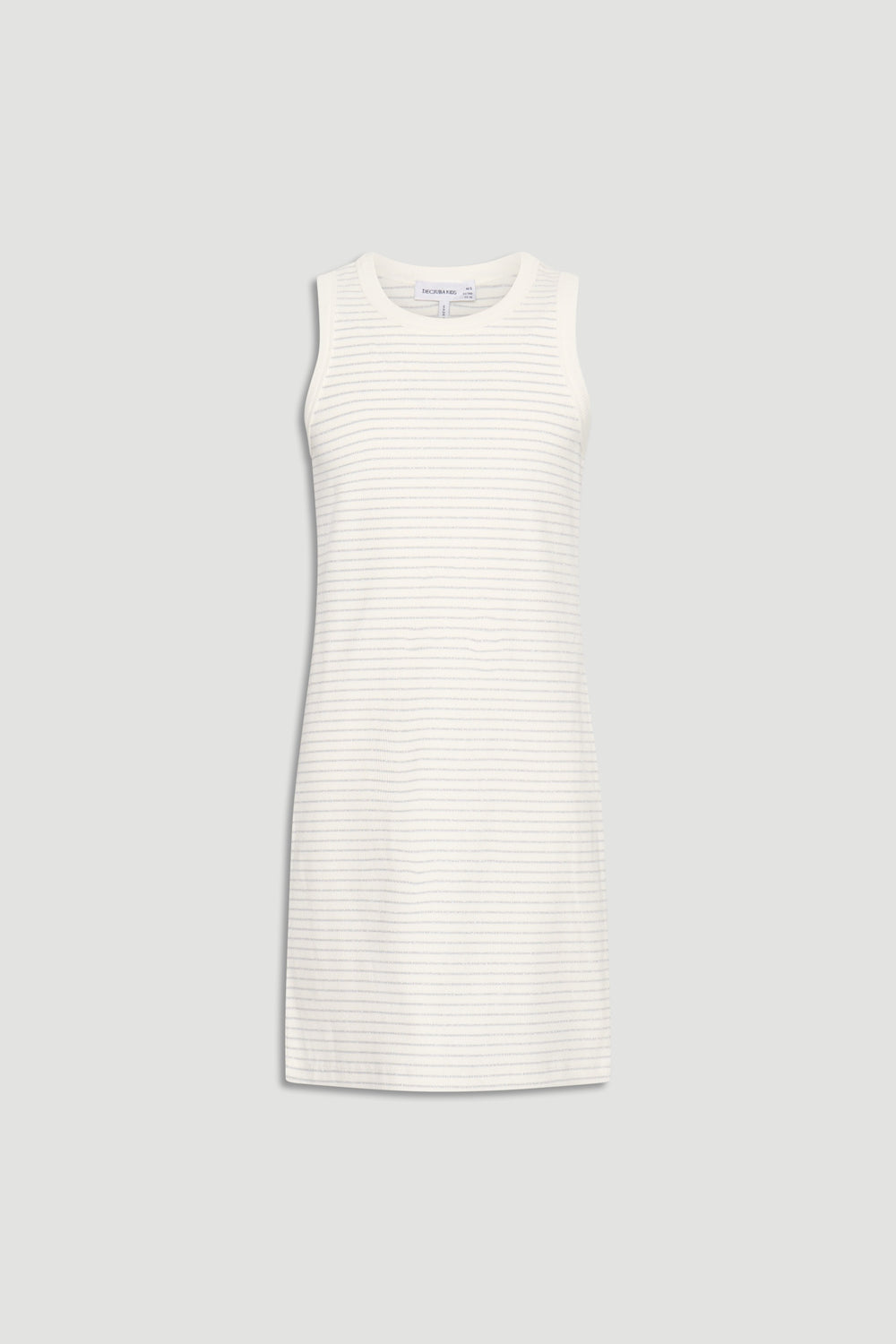 Sleeveless white tank dress with subtle horizontal stripes, designed for girls' casual and comfortable everyday wear.