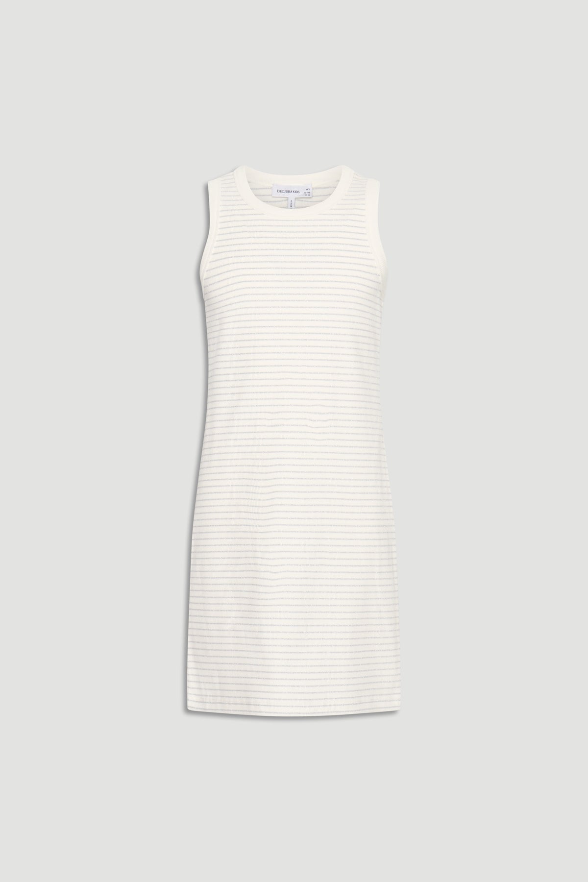 Sleeveless white tank dress with subtle horizontal stripes, designed for girls' casual and comfortable everyday wear.