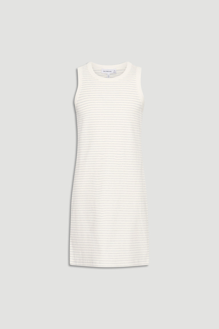 Sleeveless white tank dress with subtle horizontal stripes, designed for girls' casual and comfortable everyday wear.
