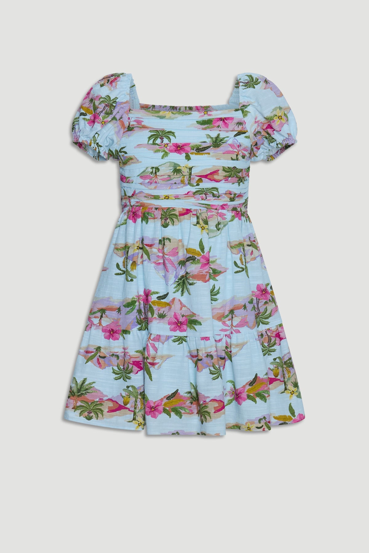Light blue mini dress with puff sleeves and vibrant tropical floral and palm tree print for girls.