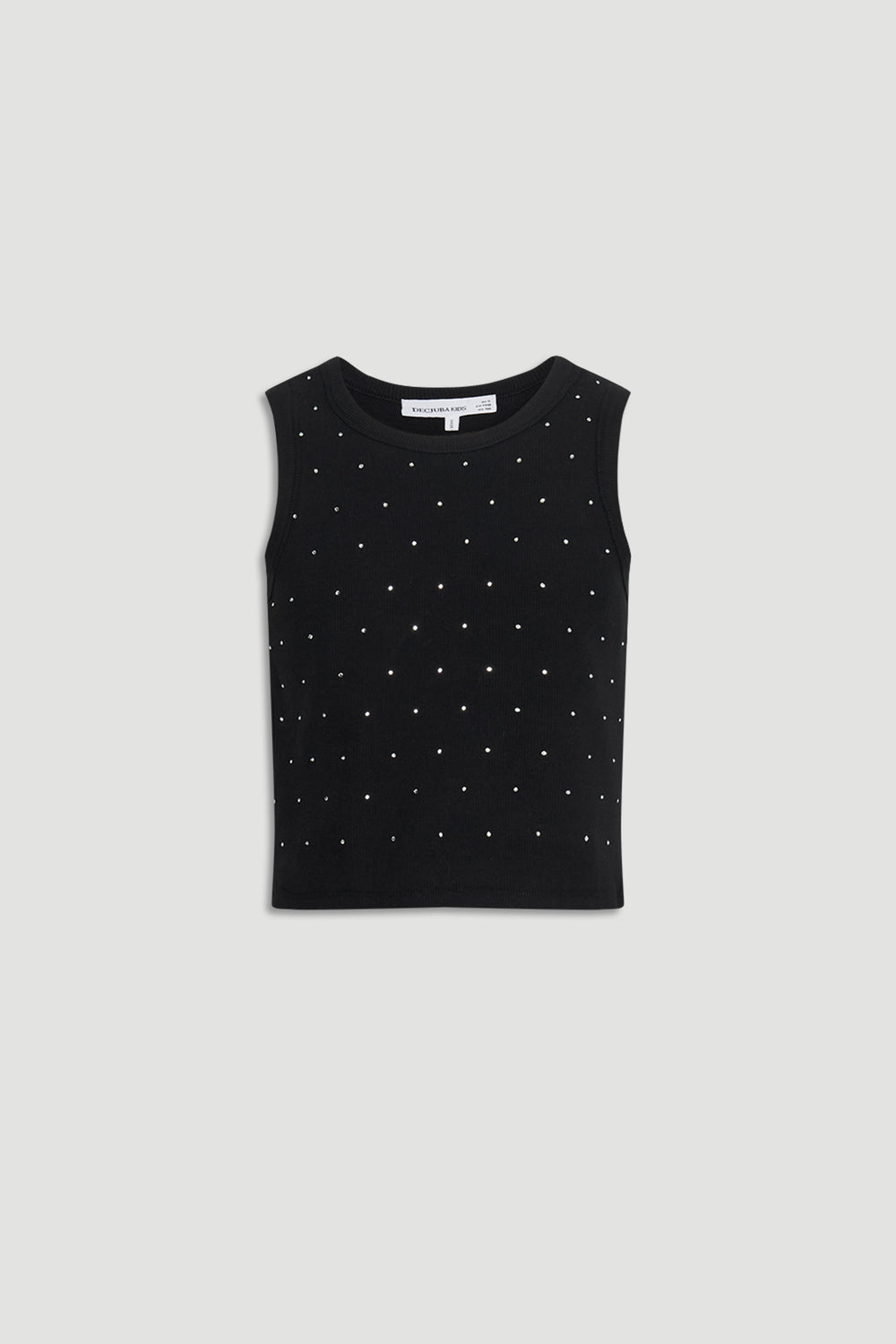Black sleeveless girls tank top adorned with small crystal embellishments for a subtle sparkle.