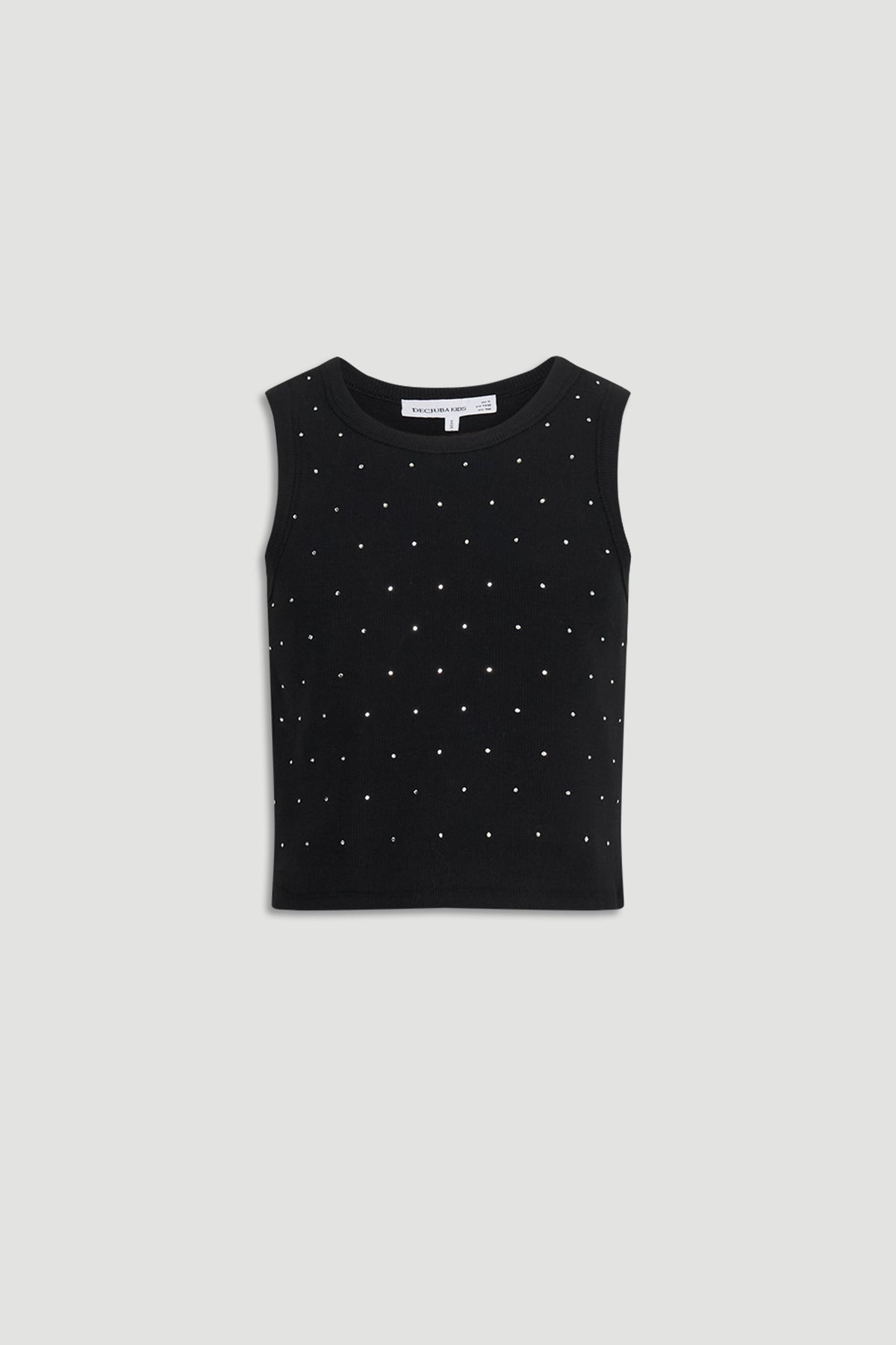 Black sleeveless girls tank top adorned with small crystal embellishments for a subtle sparkle.