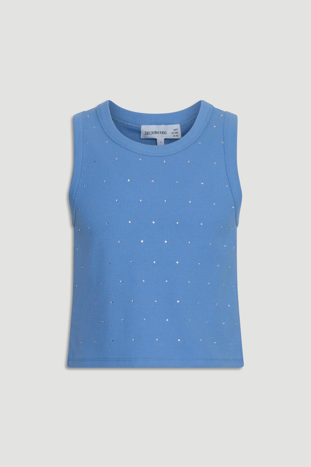 Sleeveless dusty blue ribbed tank top for girls, featuring scattered subtle crystal embellishments for a touch of sparkle
