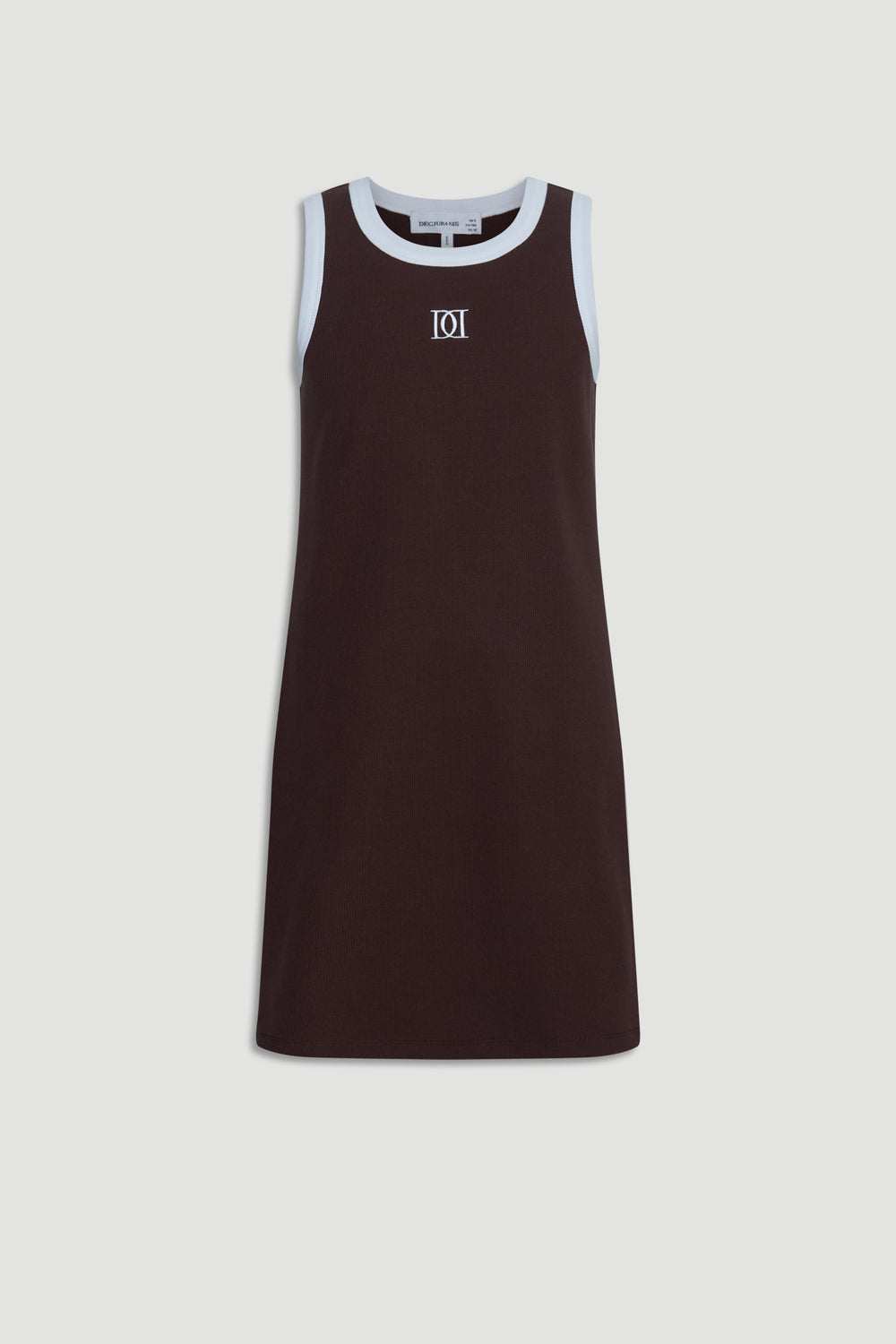 Sleeveless girls dress in rich chocolate with contrasting white trim and a subtle monogram detail on the chest.