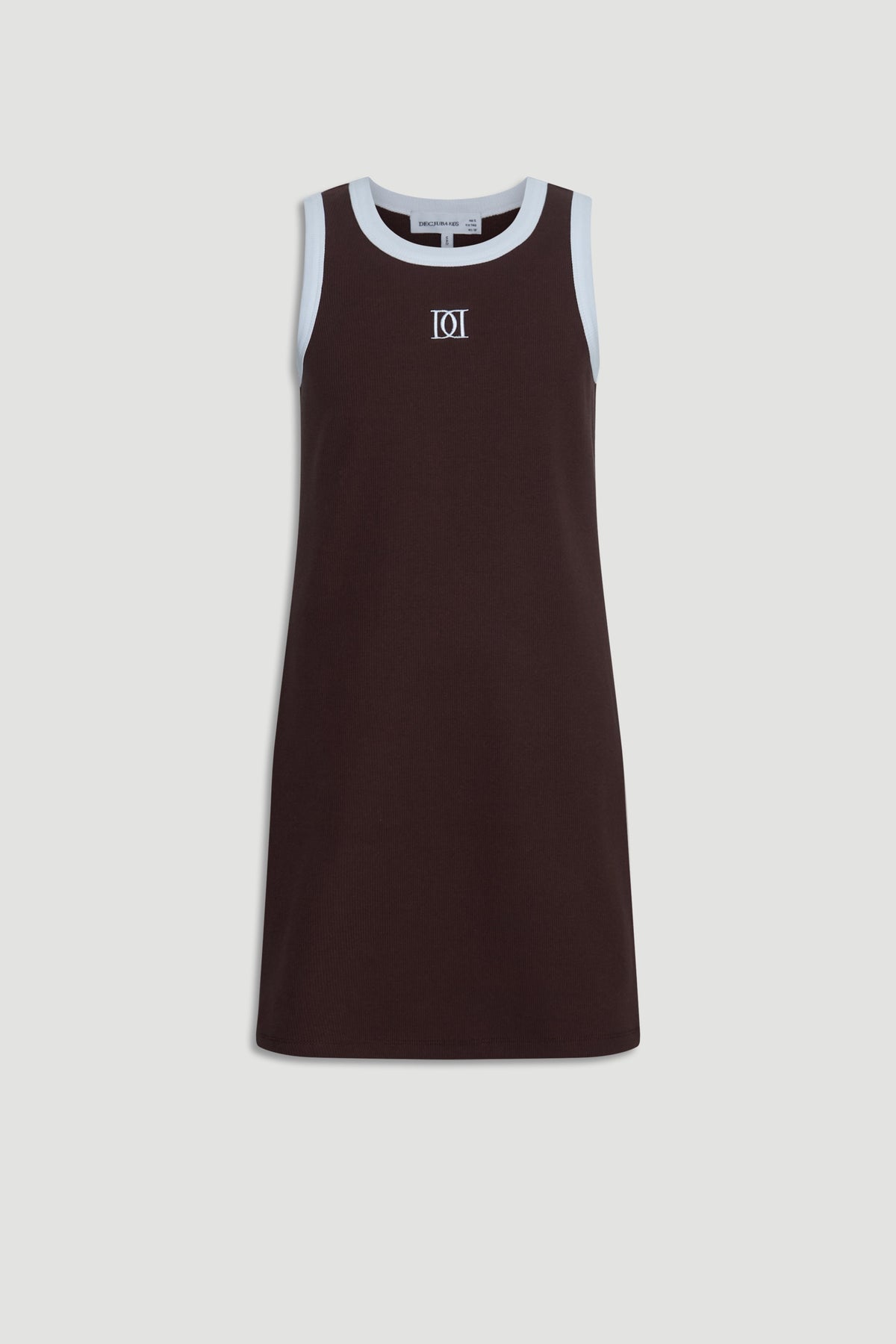 Sleeveless girls dress in rich chocolate with contrasting white trim and a subtle monogram detail on the chest.