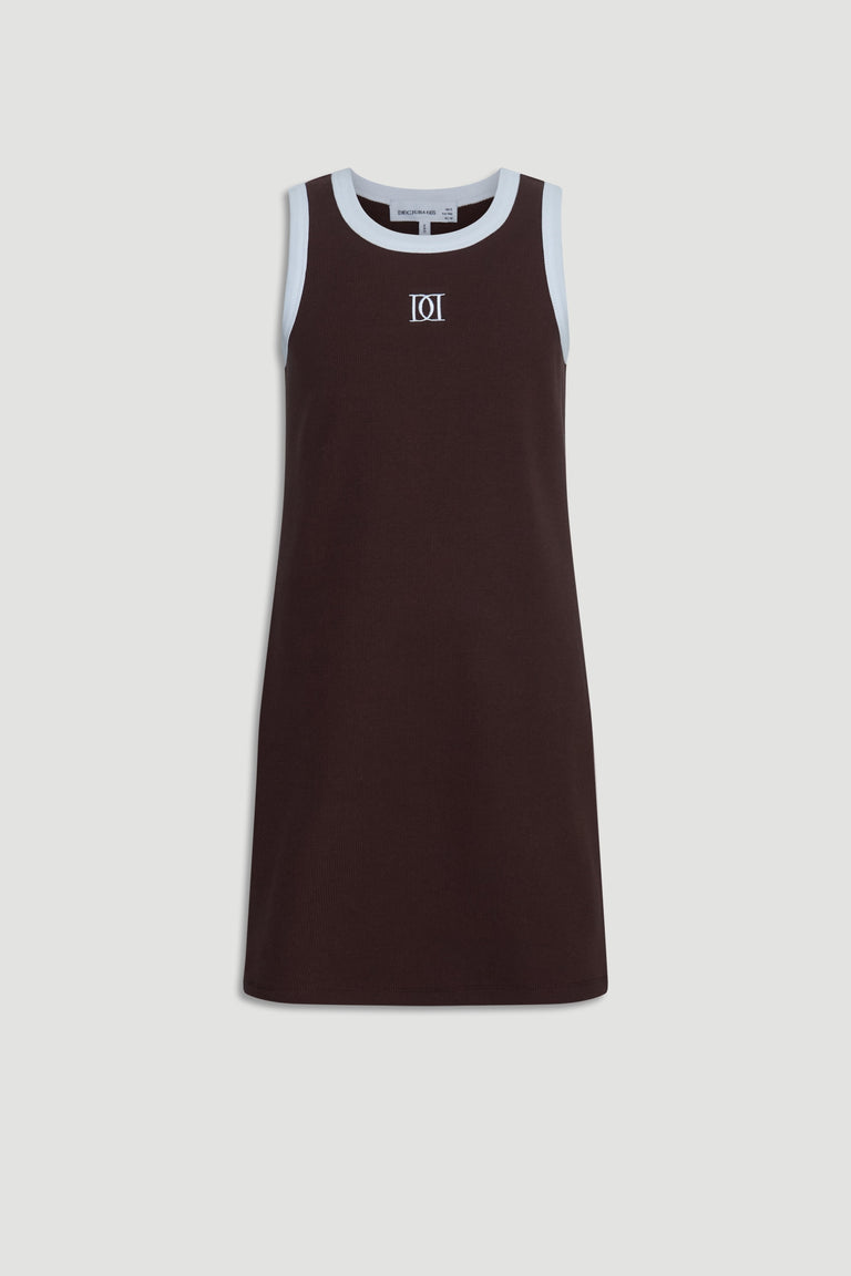 Sleeveless girls dress in rich chocolate with contrasting white trim and a subtle monogram detail on the chest.