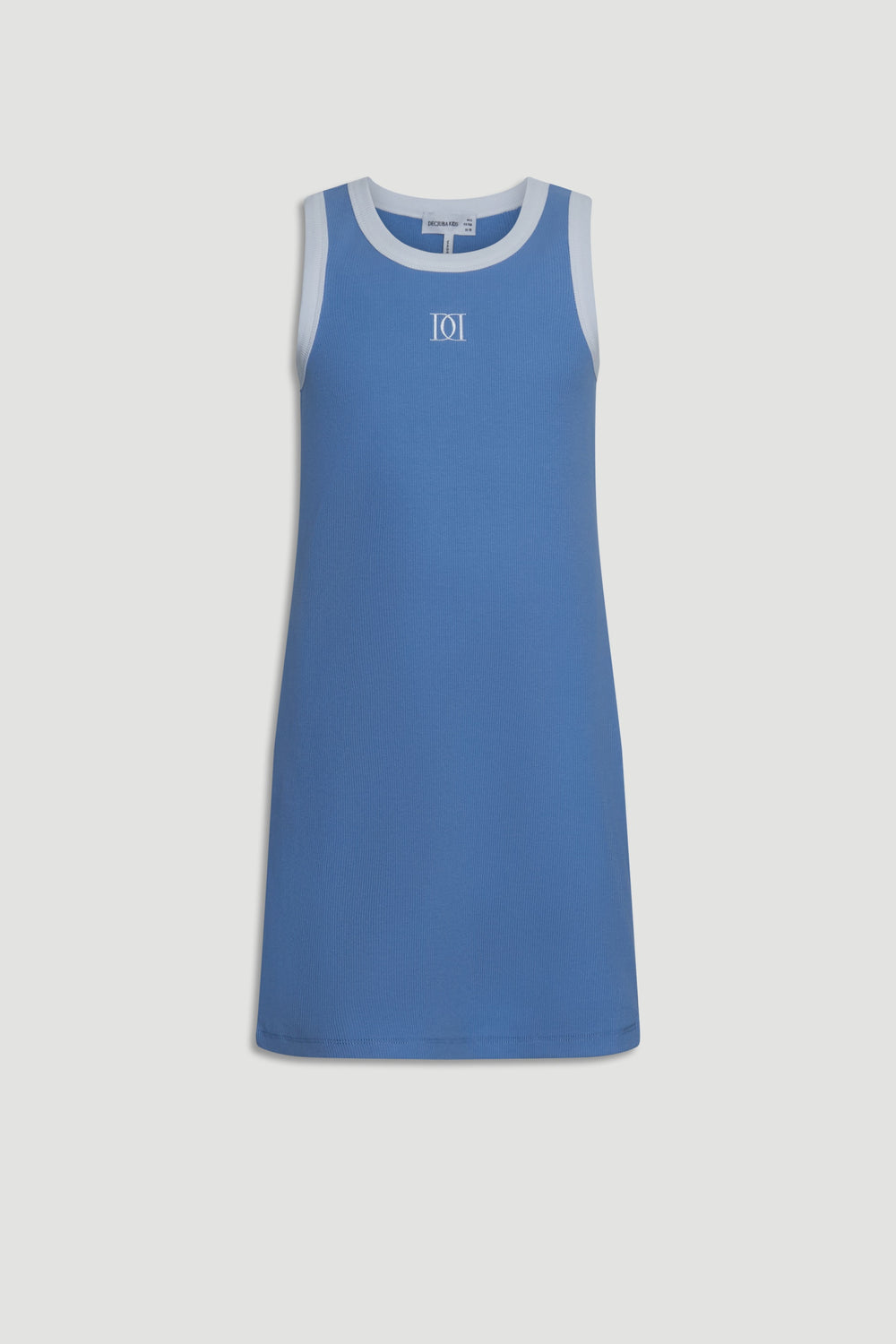 Sleeveless dusty blue girls dress with white trim and subtle front monogram for a simple, stylish look