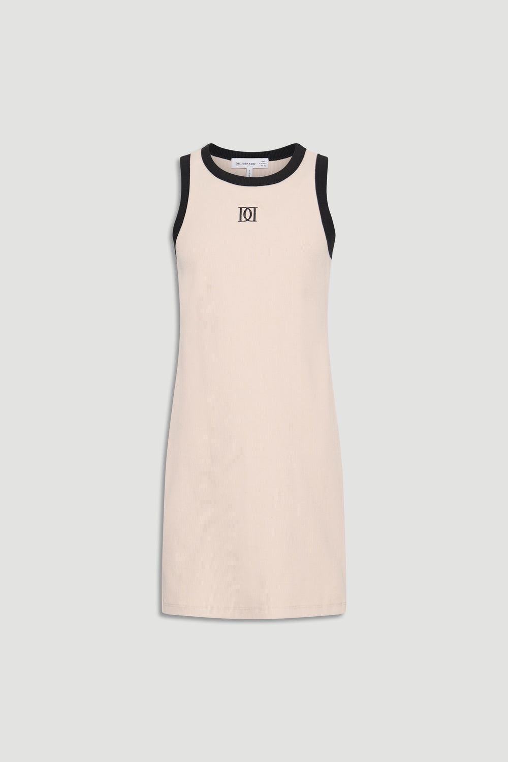 Sleeveless eggshell dress for girls with black trim and subtle monogram detail at the chest, offering sleek everyday style.