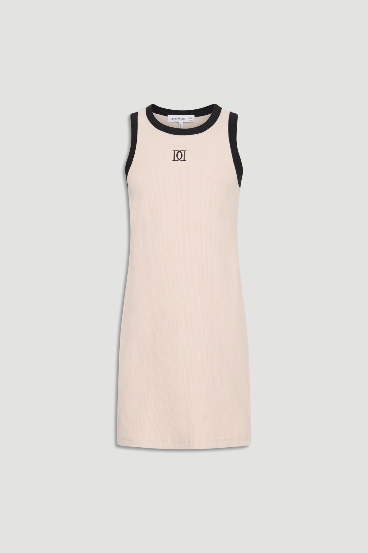 Sleeveless eggshell dress for girls with black trim and subtle monogram detail at the chest, offering sleek everyday style.