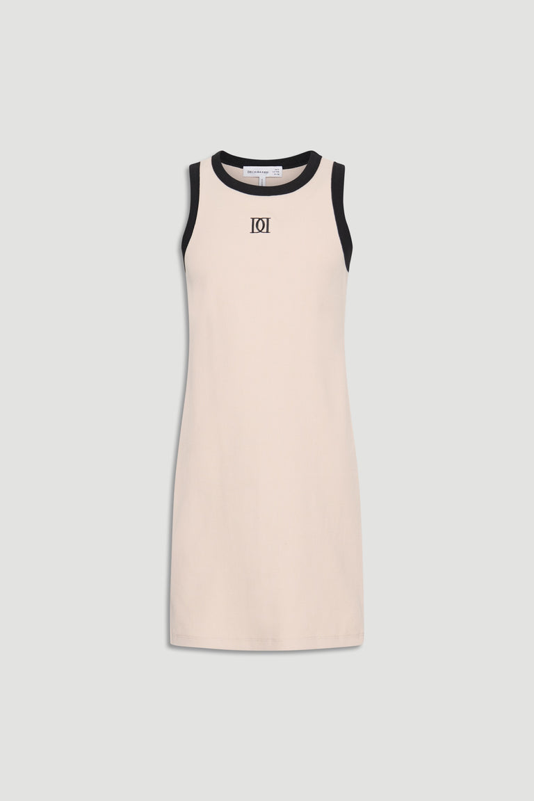 Sleeveless eggshell dress for girls with black trim and subtle monogram detail at the chest, offering sleek everyday style.