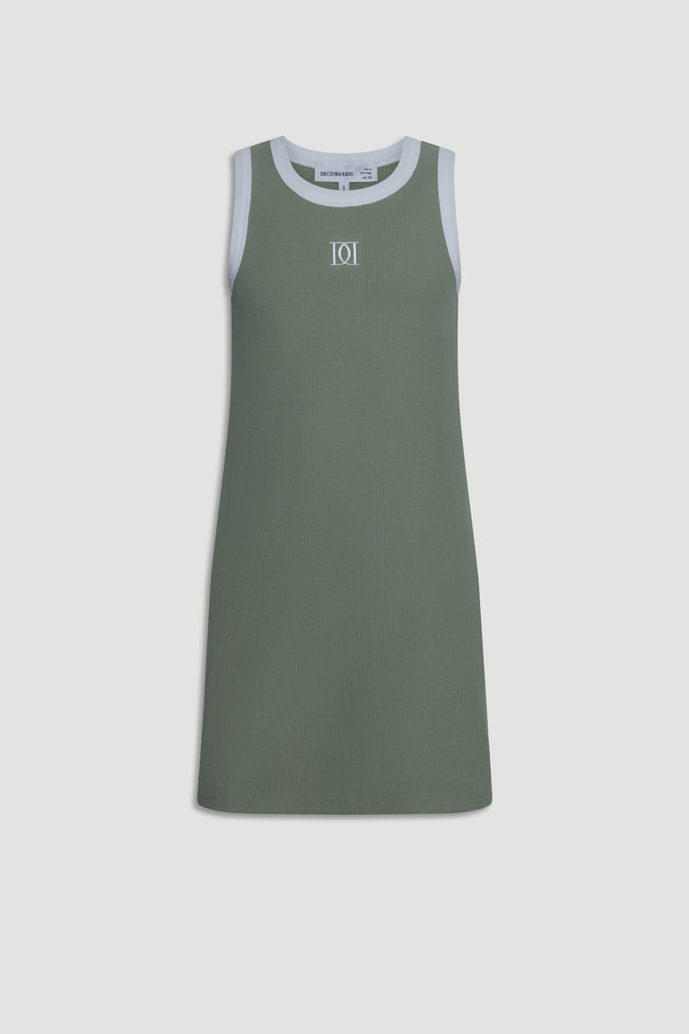 Girls Harper Monogram Dress in olive ribbed knit with white trim and embroidered DD monogram, gallery position 4 portrait view