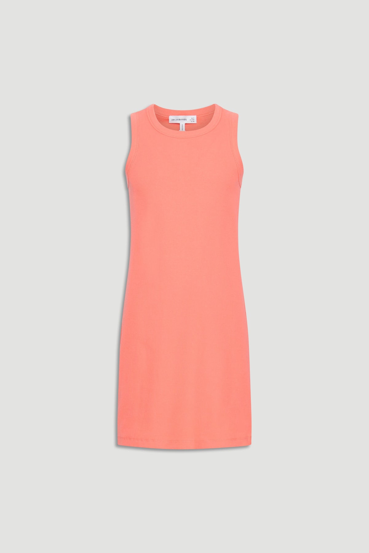 Sleeveless ribbed tank dress in soft papaya pink with a simple, straight cut designed for girls’ everyday wear.