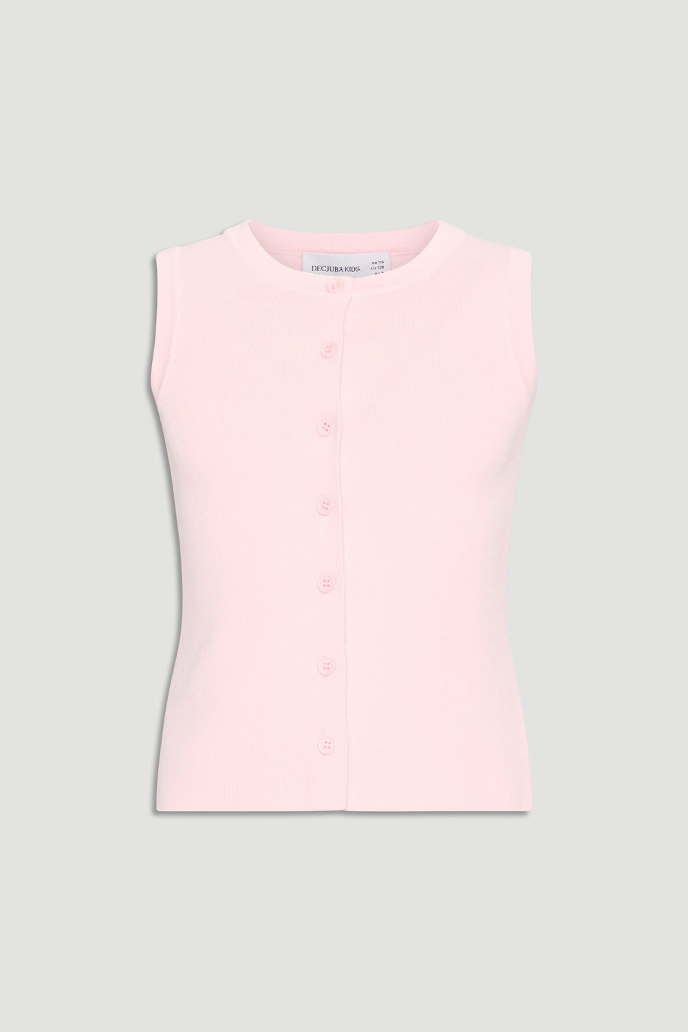 Soft pink sleeveless knit vest with front buttons, offering a versatile and comfortable layering option for girls.