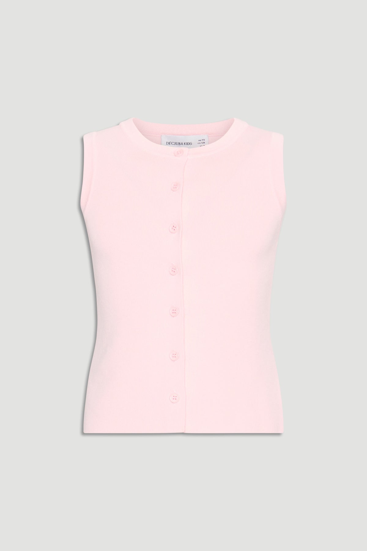 Soft pink sleeveless knit vest with front buttons, offering a versatile and comfortable layering option for girls.