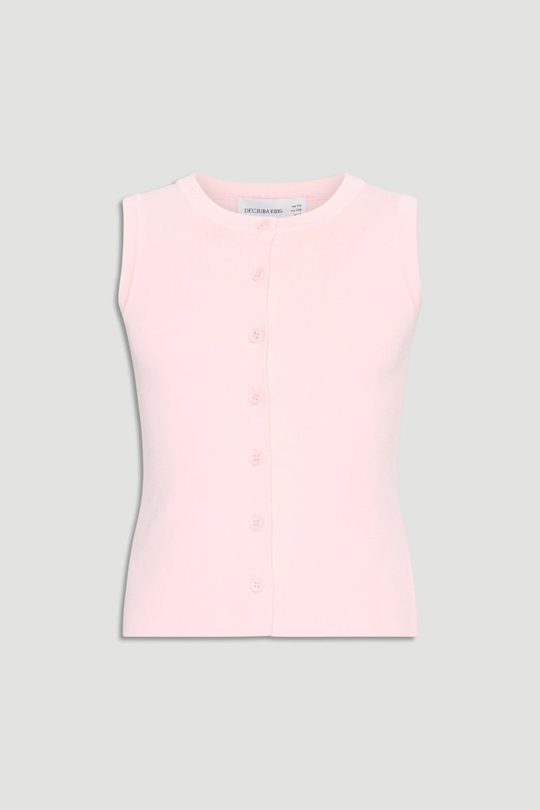 Soft pink sleeveless knit vest with front buttons, offering a versatile and comfortable layering option for girls.