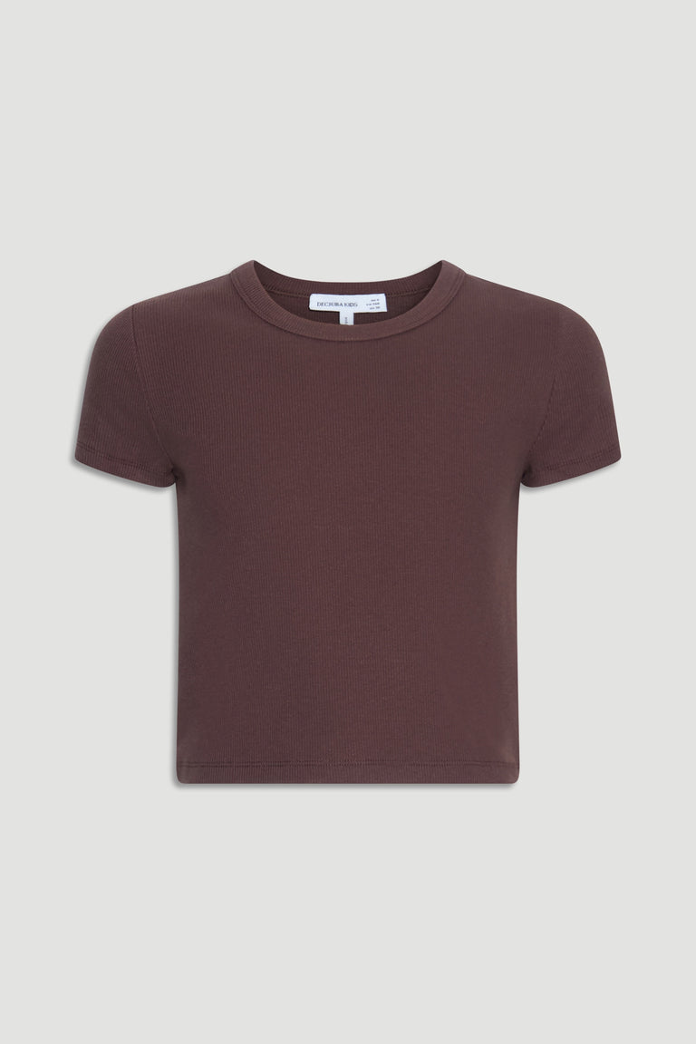 Girls' short-sleeve crop tee in a rich chocolate brown with a soft, ribbed texture for everyday wear
