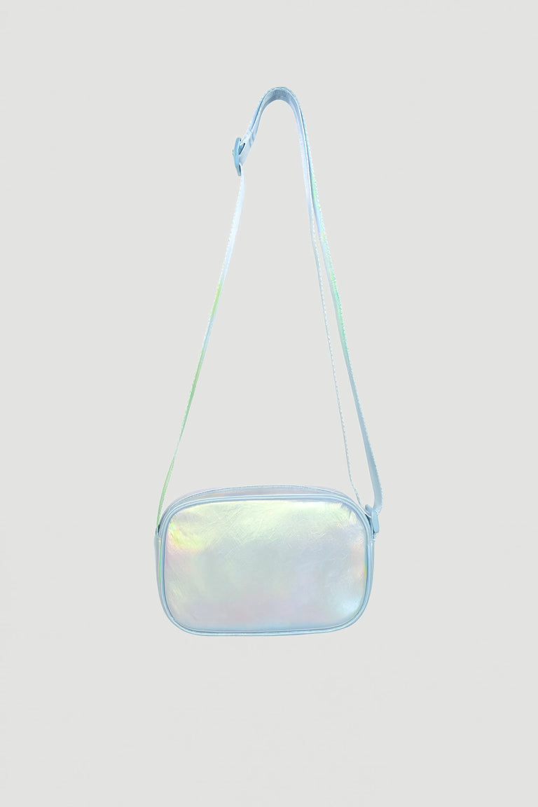 Iridescent padded crossbody bag with adjustable strap and zip closure against plain background
