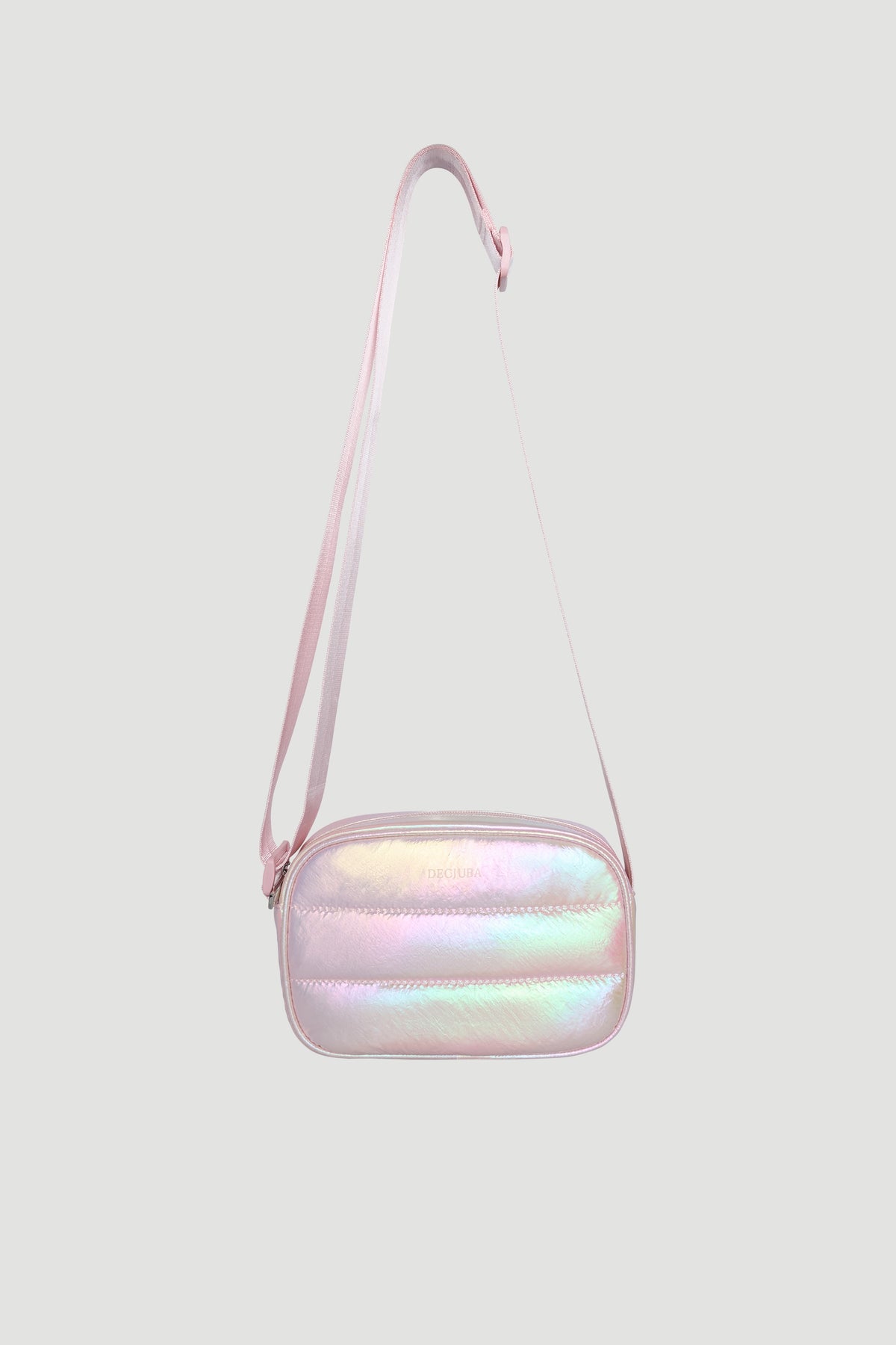 Small iridescent padded crossbody bag with adjustable strap in soft pastel shades for girls.