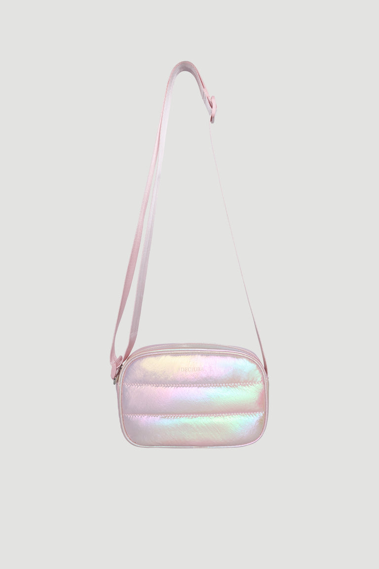 Small iridescent padded crossbody bag with adjustable strap in soft pastel shades for girls.