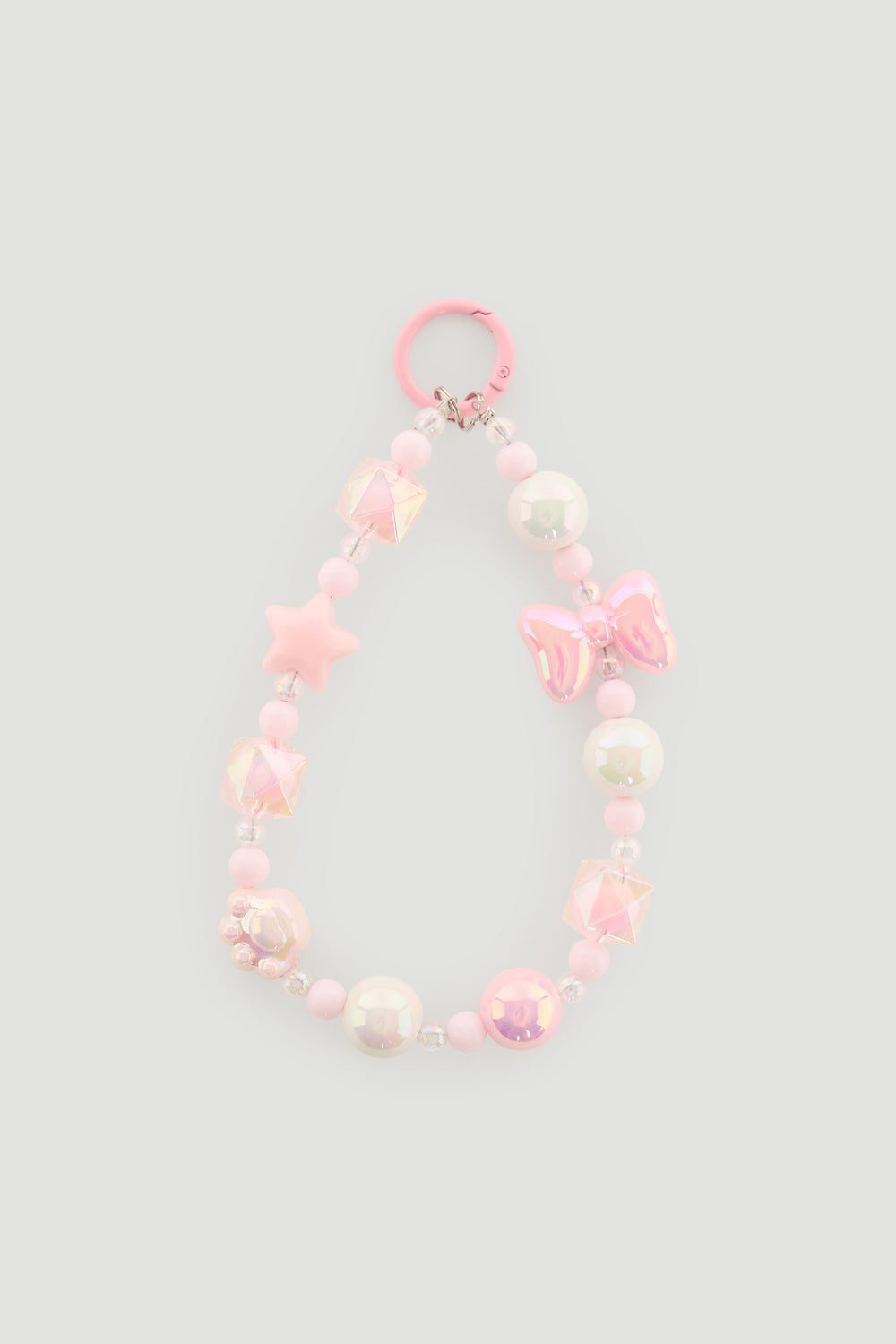 Pink beaded charm with star, bow, and pearl-like beads designed for girls’ bags or accessories.